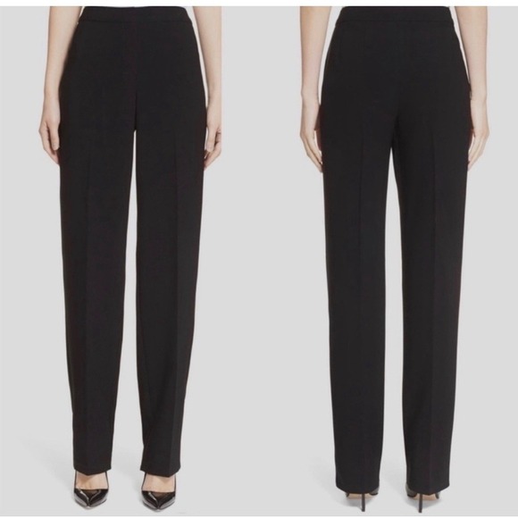 St John Caviar Diana Pants Womens Black Crepe High Rise Straight Trouser Size 12 - Picture 2 of 13